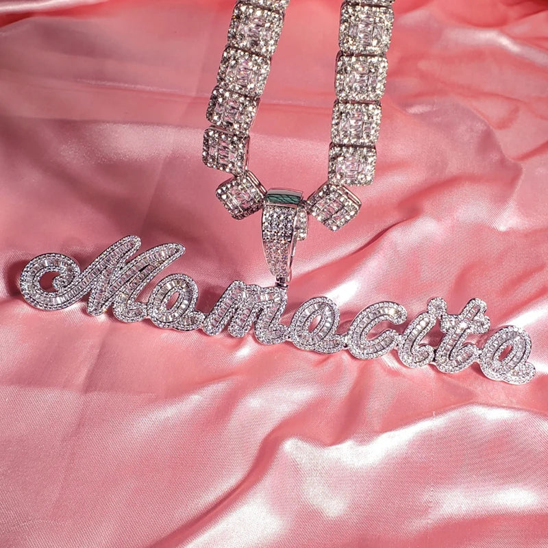 Cursive Iced Out Letter Name Pendant Necklace with Rhinestone Zirconia Chain