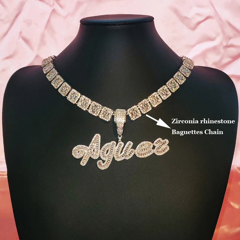 Cursive Iced Out Letter Name Pendant Necklace with Rhinestone Zirconia Chain