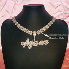 Cursive Iced Out Letter Name Pendant Necklace with Rhinestone Zirconia Chain