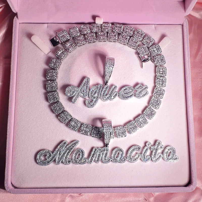 Cursive Iced Out Letter Name Pendant Necklace with Rhinestone Zirconia Chain