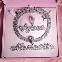 Cursive Iced Out Letter Name Pendant Necklace with Rhinestone Zirconia Chain