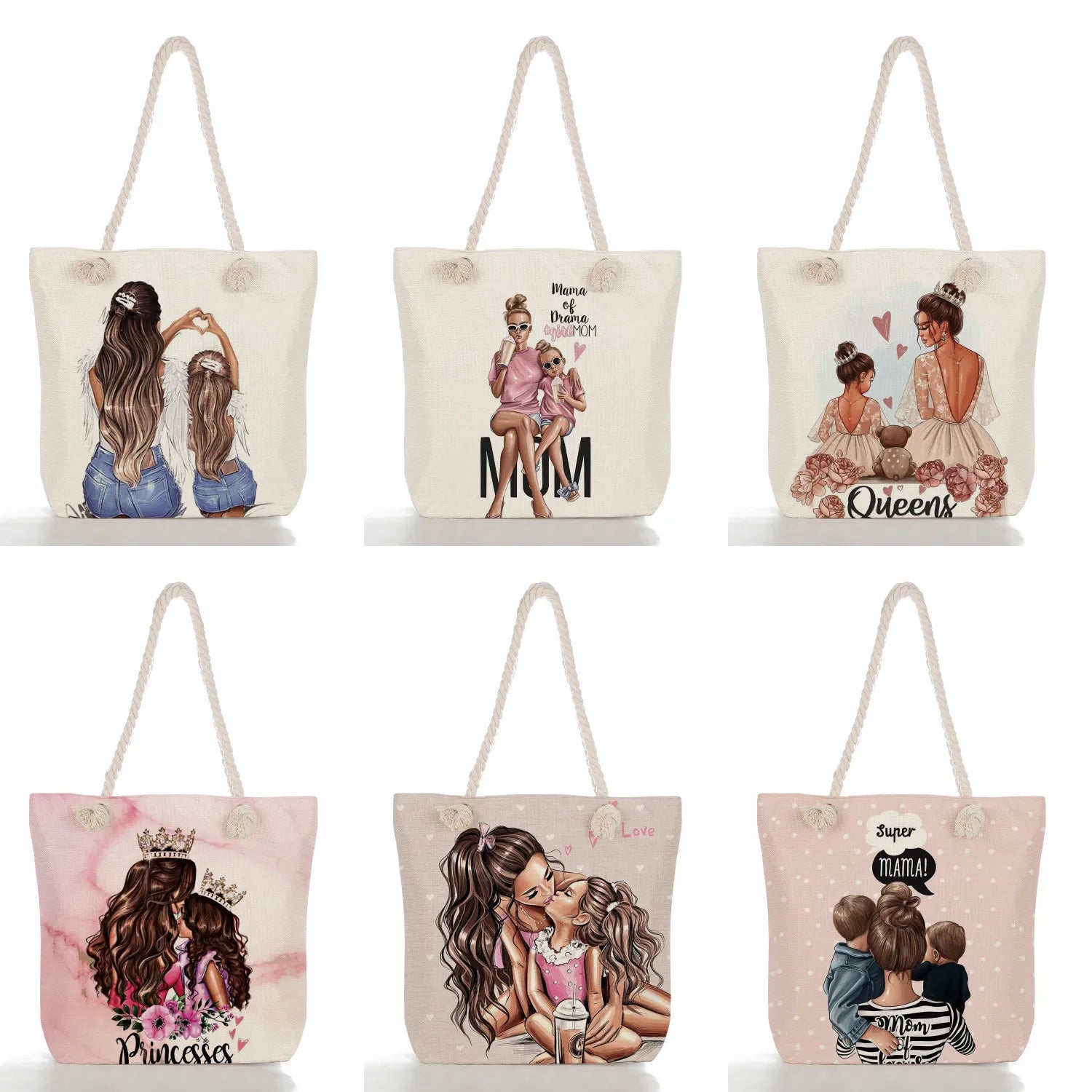 Mother & Baby Cartoon Print Handbag - Foldable Tote Bag