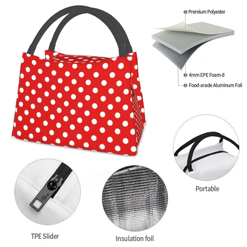 Red Polka Dots Lunch Bag Insulated Cooler for Picnic Work Travel