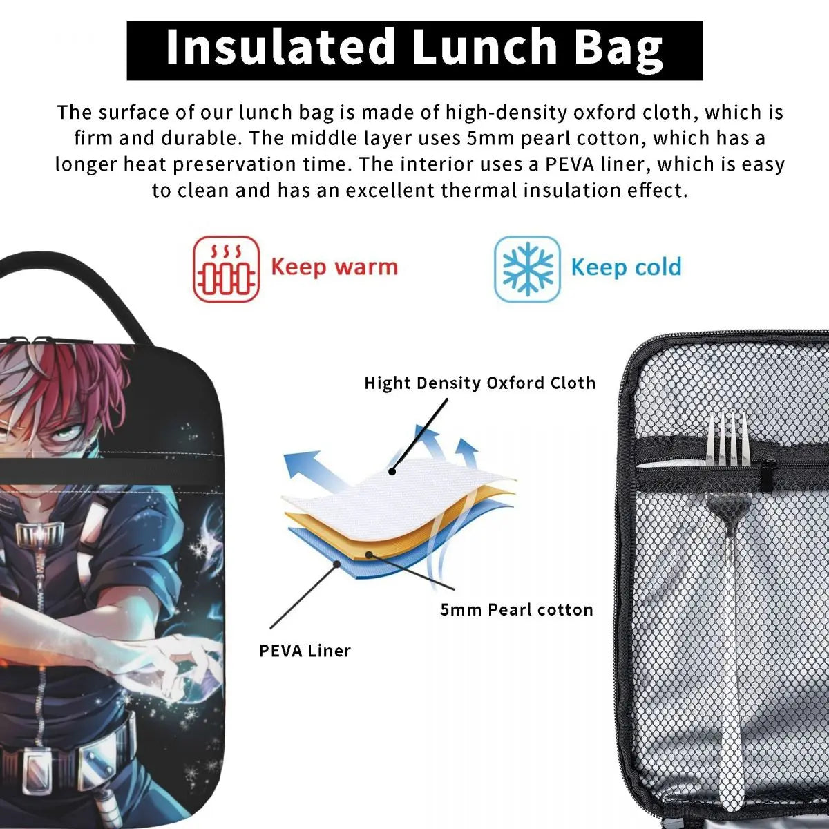 Todoroki BNHA Anime Lunch Bag Thermal Insulated Lunch Boxes for School