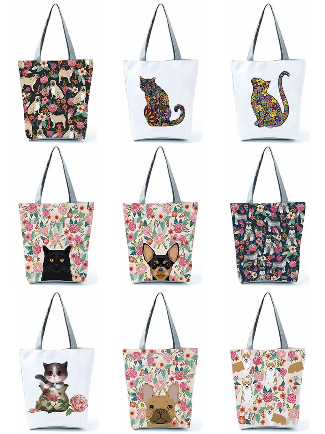 Floral Pet Dog Cat Print Women Tote Handbags