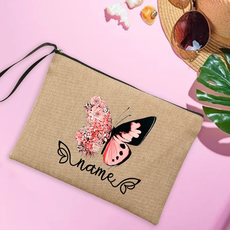 Personalised Butterfly Linen Makeup Bag Travel Clutch Women's Sunglasses Storage