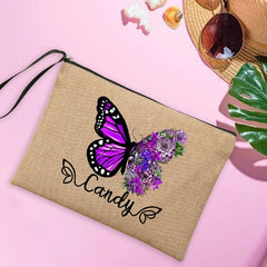 Personalised Butterfly Linen Makeup Bag Travel Clutch Women's Sunglasses Storage