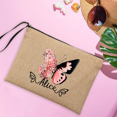 Personalised Butterfly Makeup Bag Linen Travel Clutch
