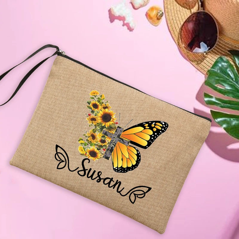 Personalised Butterfly Makeup Bag Linen Travel Clutch