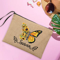Personalised Butterfly Makeup Bag Linen Travel Clutch