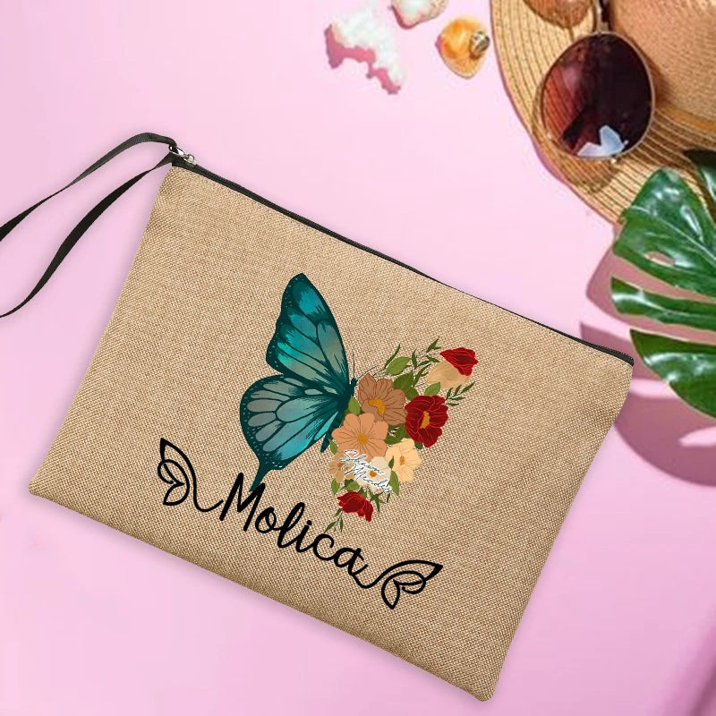 Personalised Butterfly Makeup Bag Linen Travel Clutch