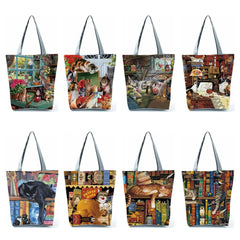 Oil Painting Cat Print Women Tote Bag for Shopping