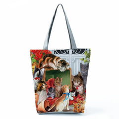 Oil Painting Cat Print Women Tote Bag for Shopping