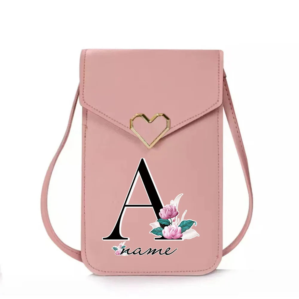 Personalized Name Crossbody Shoulder Bag Pink Touch Screen Cell Phone Purse