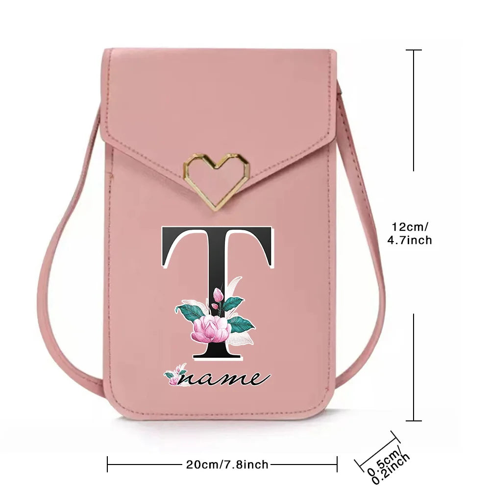 Personalized Name Crossbody Shoulder Bag Pink Touch Screen Cell Phone Purse