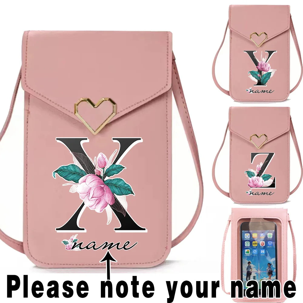Personalized Name Crossbody Shoulder Bag Pink Touch Screen Cell Phone Purse