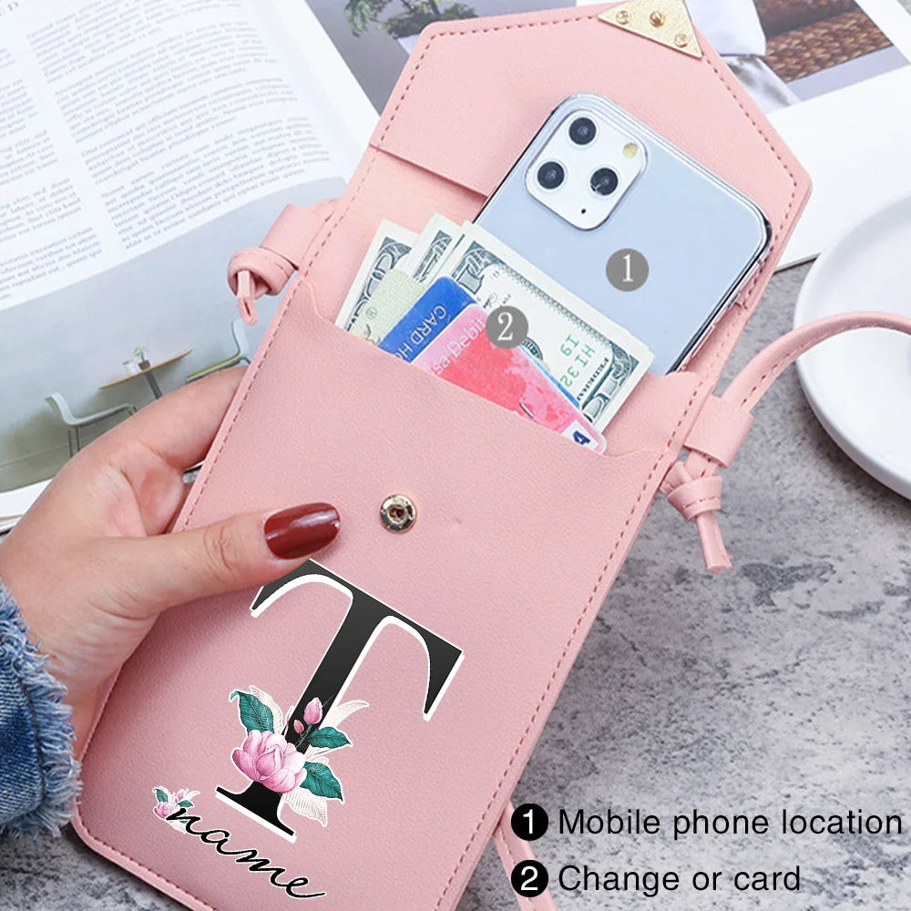 Personalized Name Crossbody Shoulder Bag Pink Touch Screen Cell Phone Purse