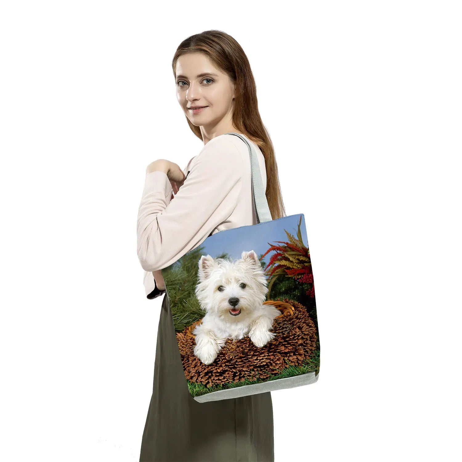 Customizable West Dog Handbags For Women Groceries Pug Retriever Shopping Bags