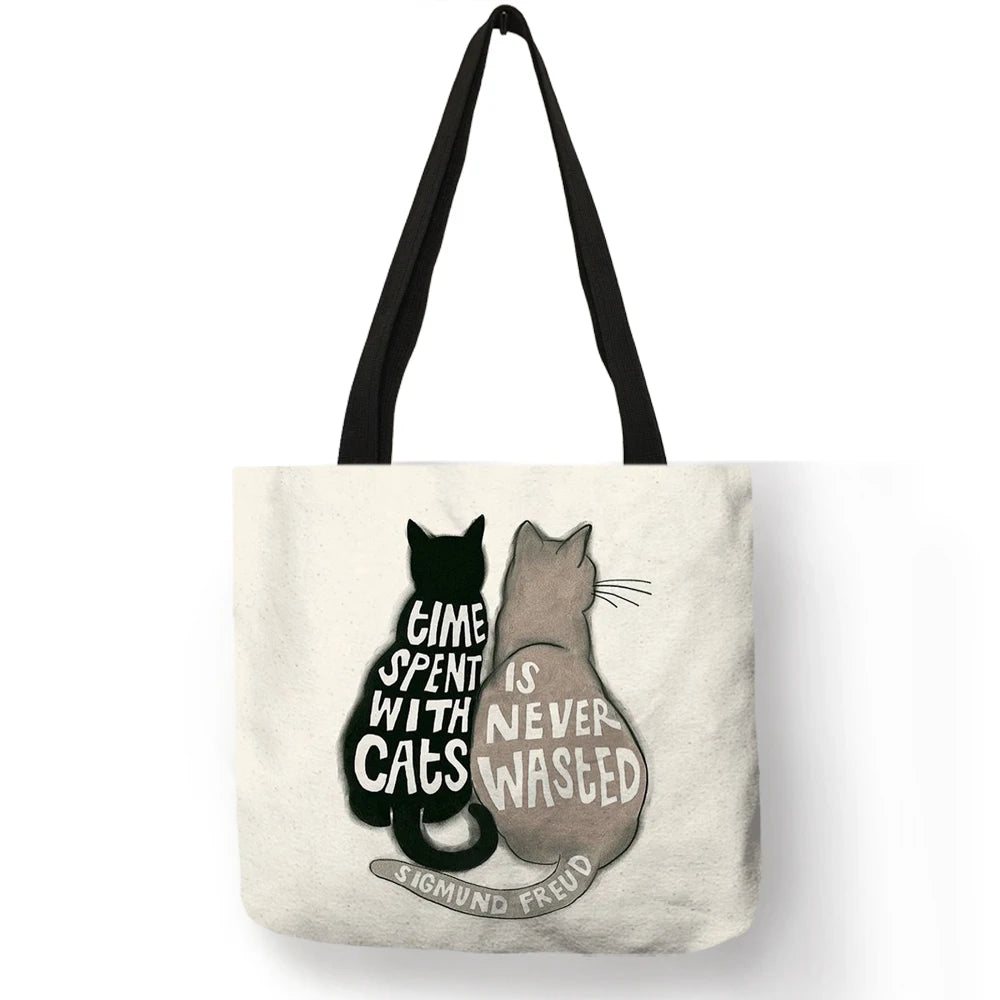 Creative Cat Pattern Tote Bag for Women Eco Linen Shopping Traveling Pouch