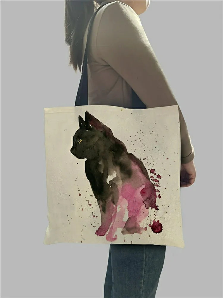 Creative Cat Pattern Tote Bag for Women Eco Linen Shopping Traveling Pouch