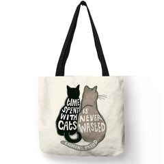 Creative Cat Pattern Tote Bag for Women Eco Linen Shopping Traveling Pouch