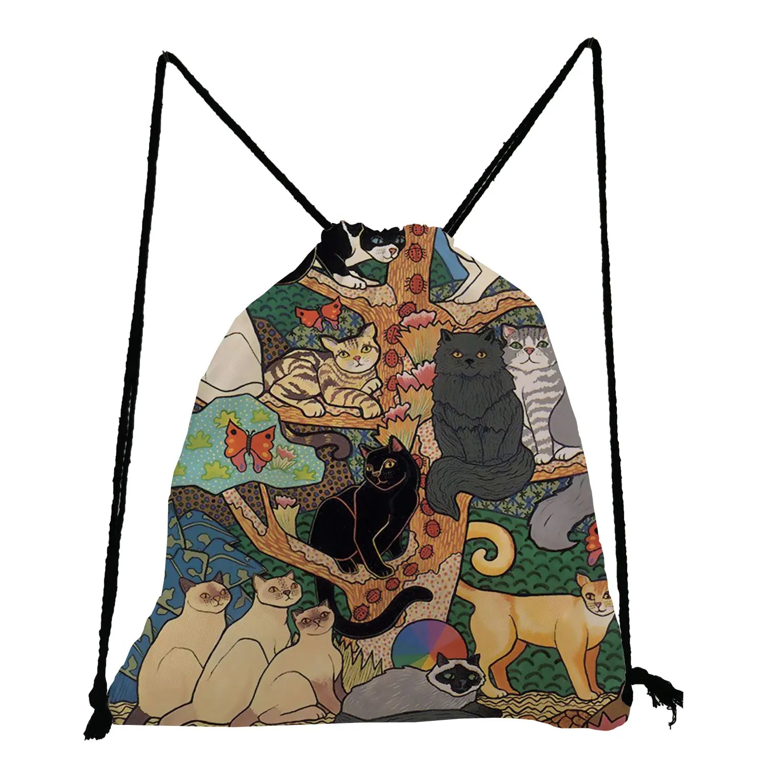 Harajuku Women Backpack Cartoon Cat Print Drawstring Pocket