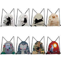Harajuku Women Backpack Cartoon Cat Print Drawstring Pocket