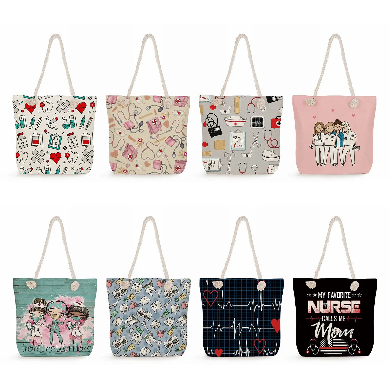Nurse Print Shoulder Bag Eco Linen Handbag Big Size Tote
