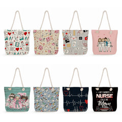 Nurse Print Shoulder Bag Eco Linen Handbag Big Size Tote