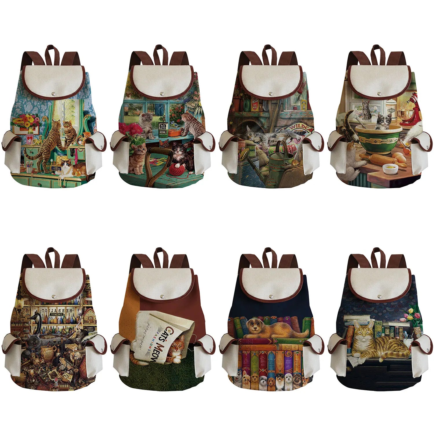 Oil Painting Cat Print Women's Backpack High Capacity Linen Backpack