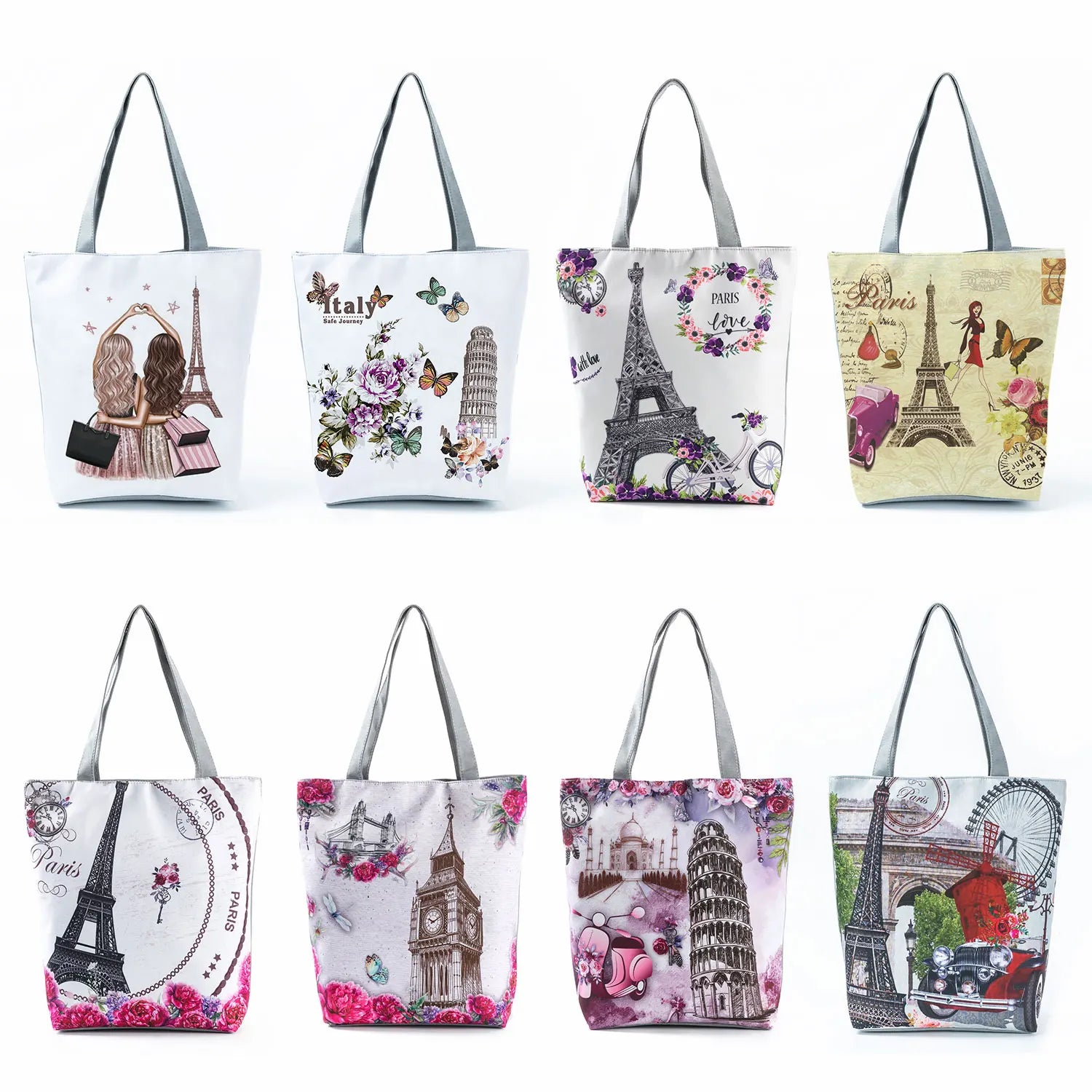 Paris Landscape Women's Tote Pretty Floral Eiffel Tower Print Handbag