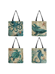 Seahorse Turtle Octopus Print Tote Bag Eco Friendly Shopping Handbag
