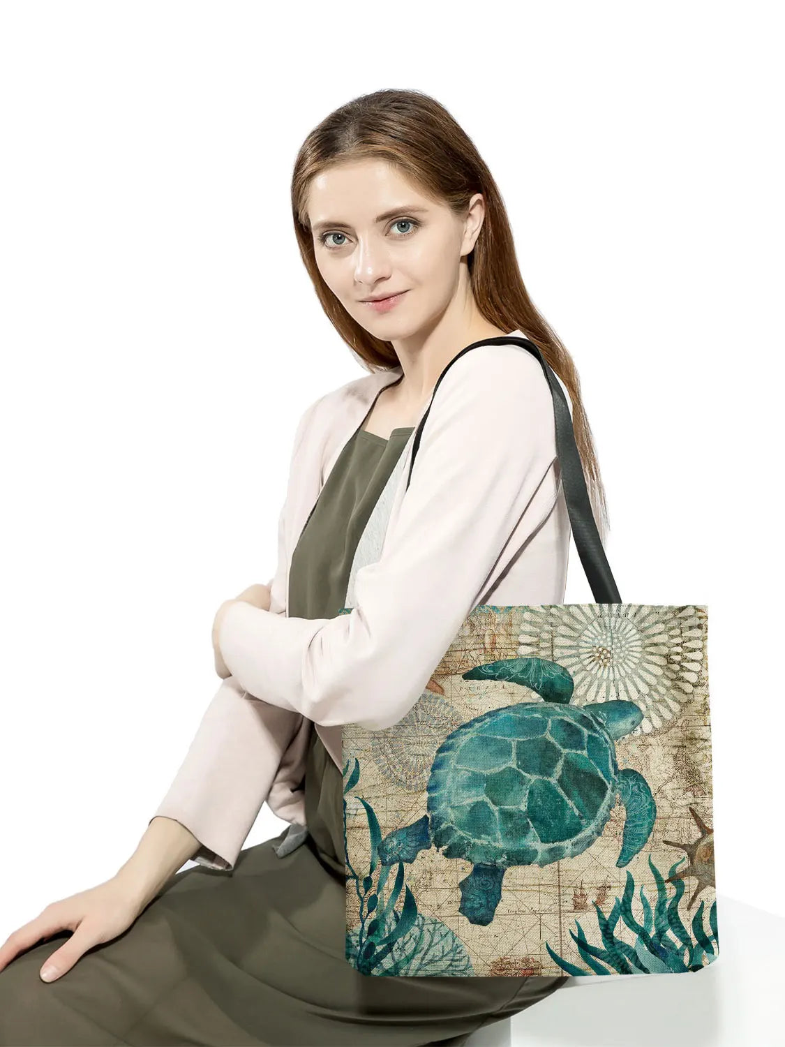 Seahorse Turtle Octopus Print Tote Bag Eco Friendly Shopping Handbag