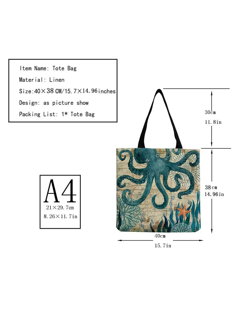 Seahorse Turtle Octopus Print Tote Bag Eco Friendly Shopping Handbag