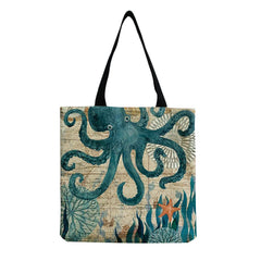 Seahorse Turtle Octopus Print Tote Bag Eco Friendly Shopping Handbag