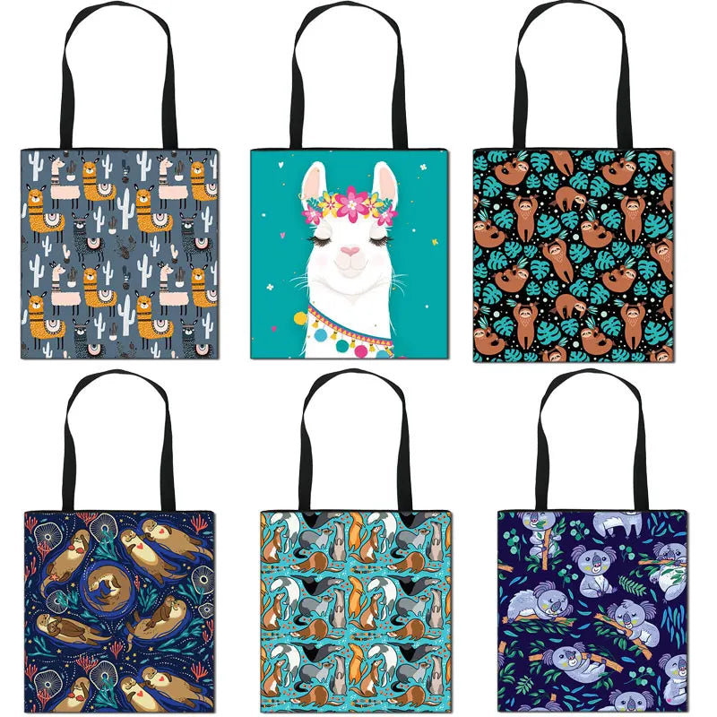 Animal Print Women Shoulder Bag Alpaca Sloth Ferrets Reusable Shopper Bags