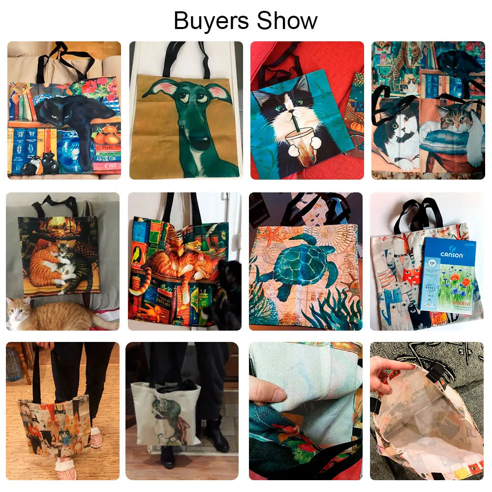 Cartoon Cat Print Tote Bag for Women Reusable Shopping Bags