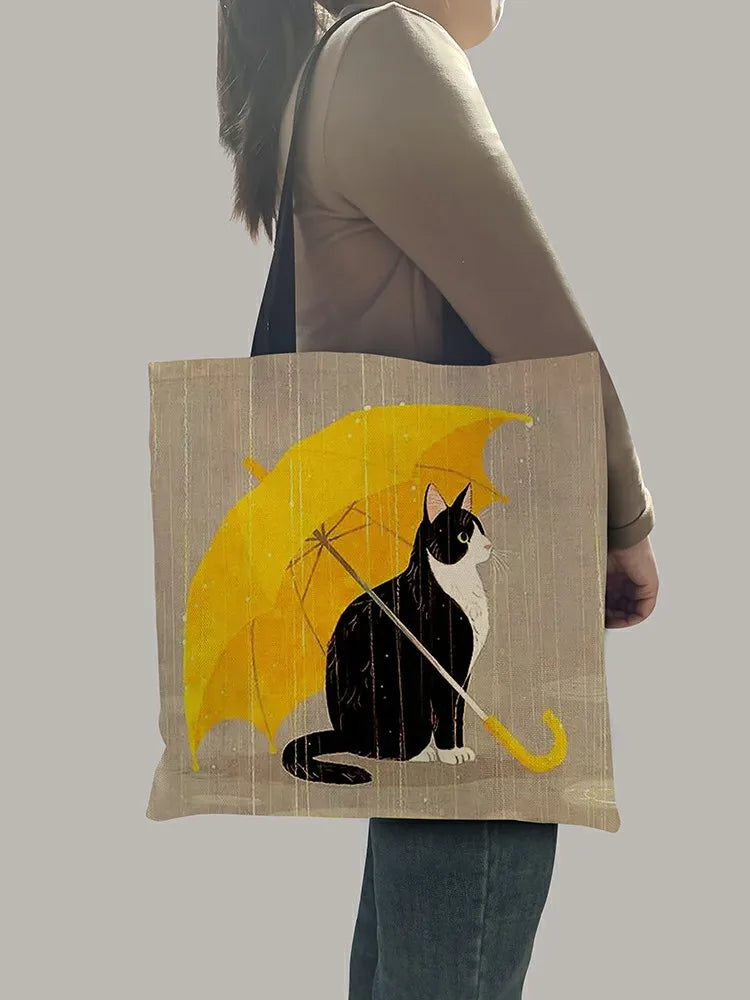 Cartoon Cat Print Tote Bag for Women Reusable Shopping Bags