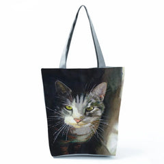 Cat Oil Painting Womens Bag Eco Reusable Shoulder Shopping Bags