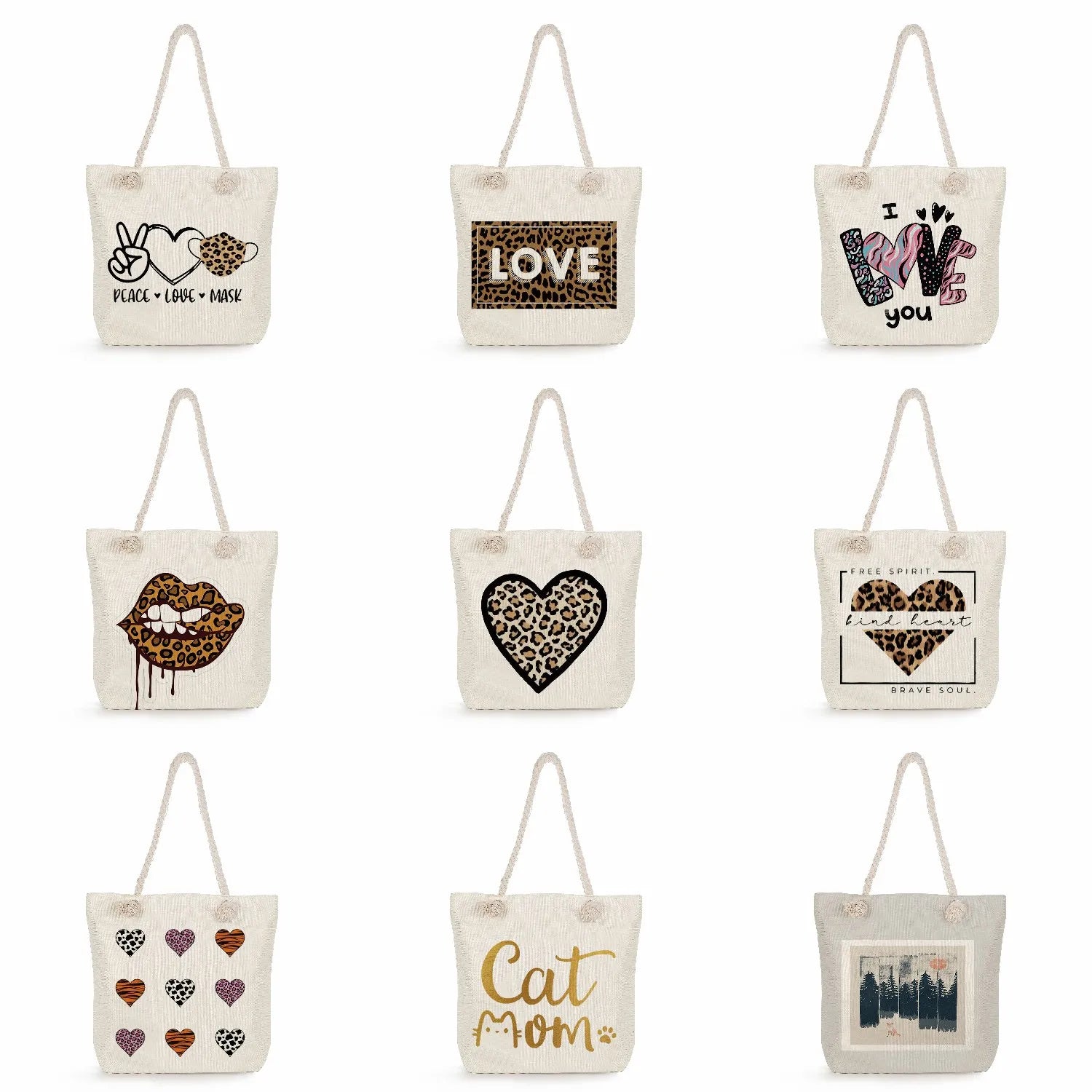 Leopard Letter Printed Tote Bag Reusable Thick Rope Shopping Bag