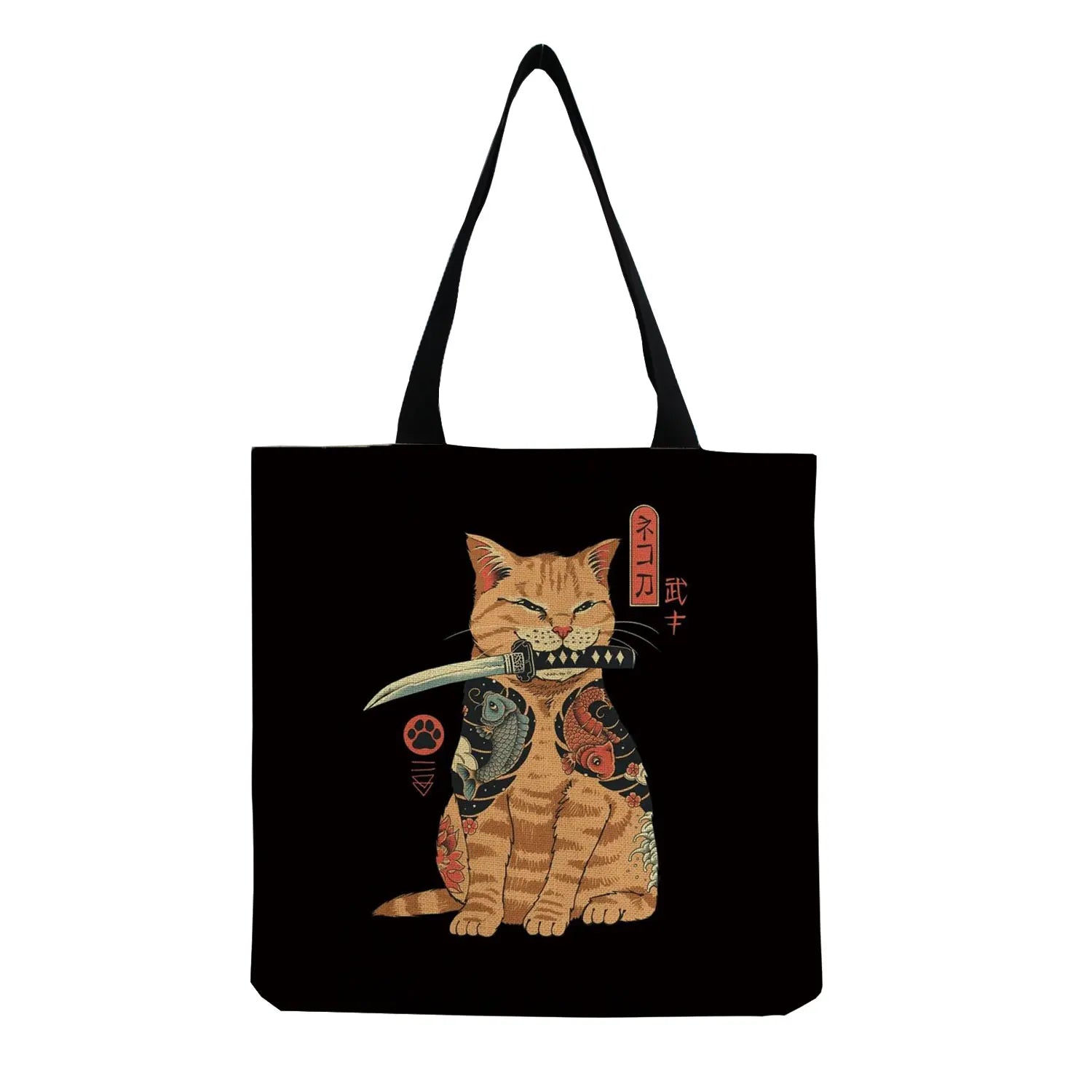 Japanese Style Cat Printed Handbags for Women Travel Tote Bag