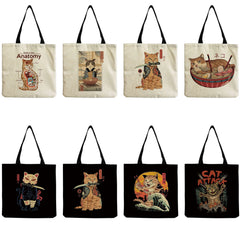 Japanese Style Cat Printed Handbags for Women Travel Tote Bag