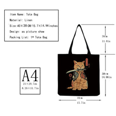 Japanese Style Cat Printed Handbags for Women Travel Tote Bag