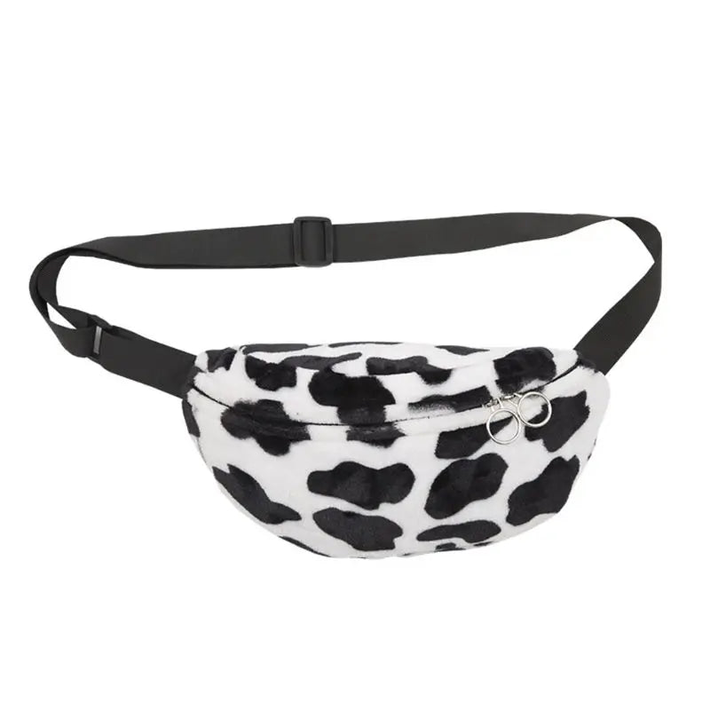 Women Cow Print Plush Waist Fanny Pack Pouch Travel Hip Bum Shoulder Bags