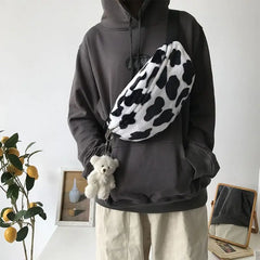 Women Cow Print Plush Waist Fanny Pack Pouch Travel Hip Bum Shoulder Bags