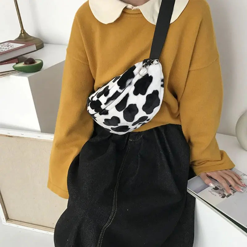 Women Cow Print Plush Waist Fanny Pack Pouch Travel Hip Bum Shoulder Bags