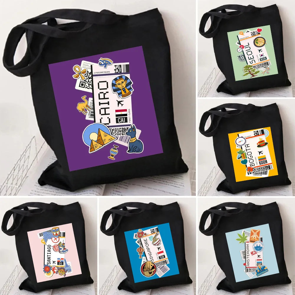 Airplane Boarding Pass Women Canvas Shoulder Bags Harajuku Handbags Totes