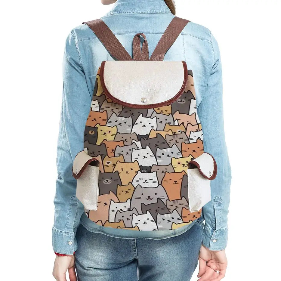 Animal Cat Printed Backpack Casual Girl Women Packs Drawstring Bag