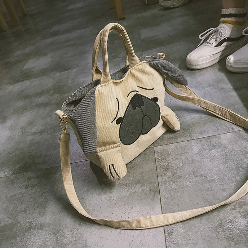 Pug Dog Corduroy Messenger Bag for Women Casual Travel Tote Shoulder Bags