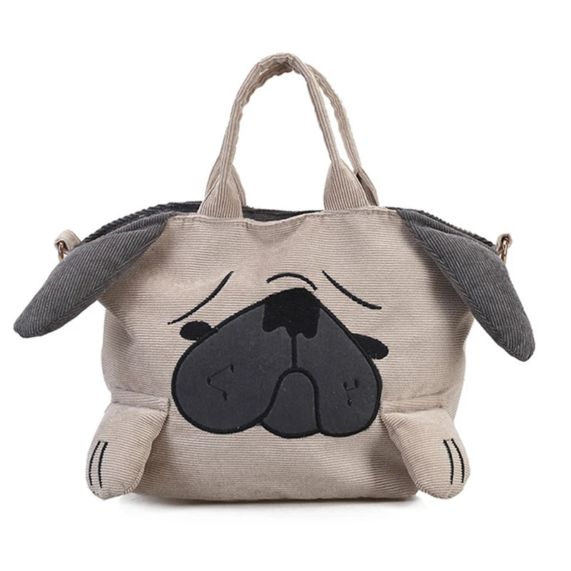 Pug Dog Corduroy Messenger Bag for Women Casual Travel Tote Shoulder Bags